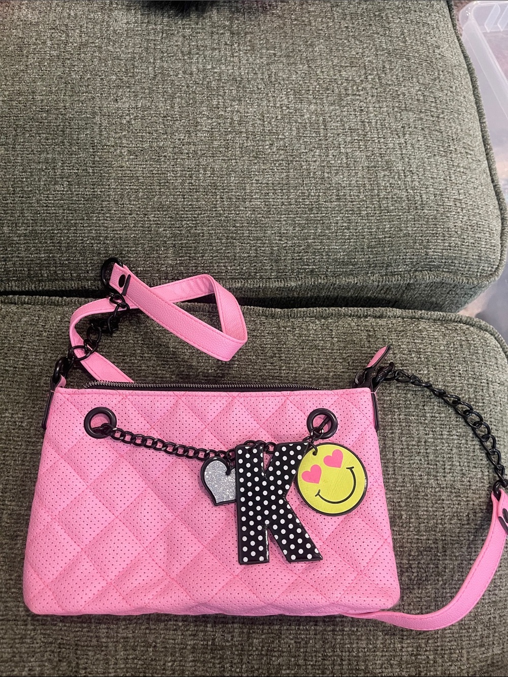 Pink Quilted Crossbody Bag with Smile & K Charm